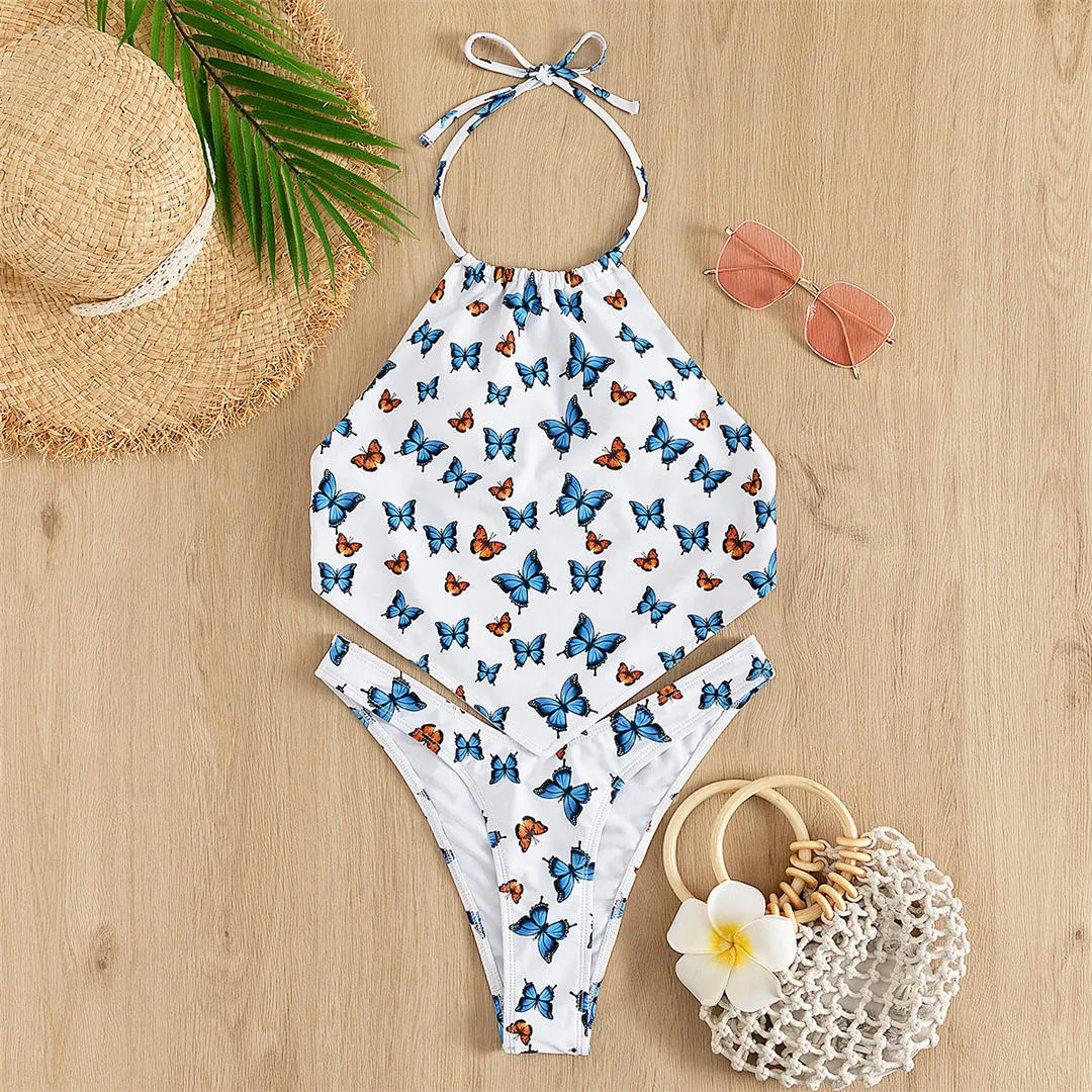 Sexy Butterfly Printed Backless Halter Bikini Female Swimsuit Women Swimwear Two-piece Bikini set Bather Bathing Suit Swim V3174