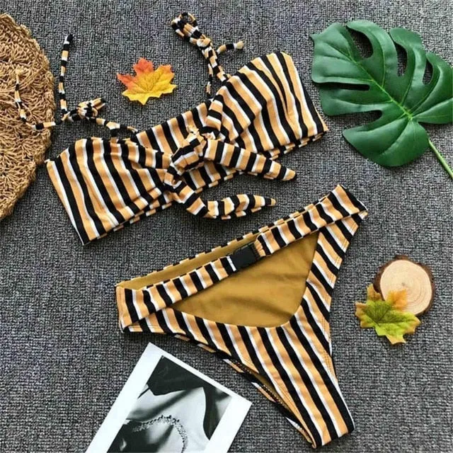 Sexy Striped High Waist Buckle Bikini