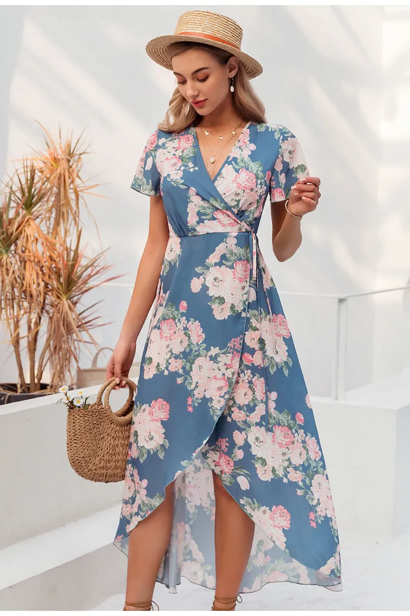 Sexy V-neck Floral Print Wrap Beach Boho Slim Fit Dress