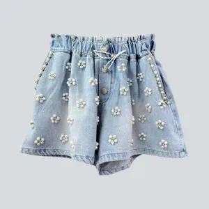 Small pearl embellished denim shorts