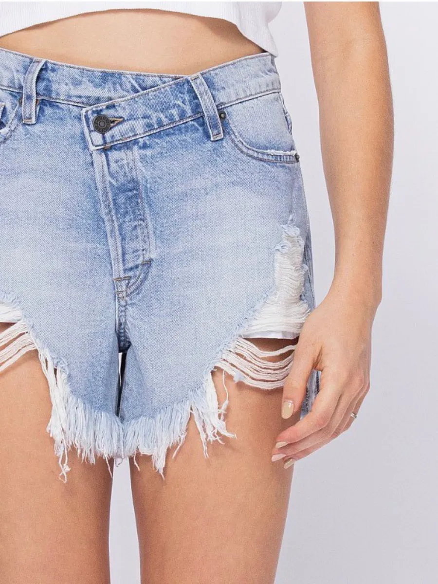 SOFIE CROSSOVER DENIM SHORTS IN BLUE