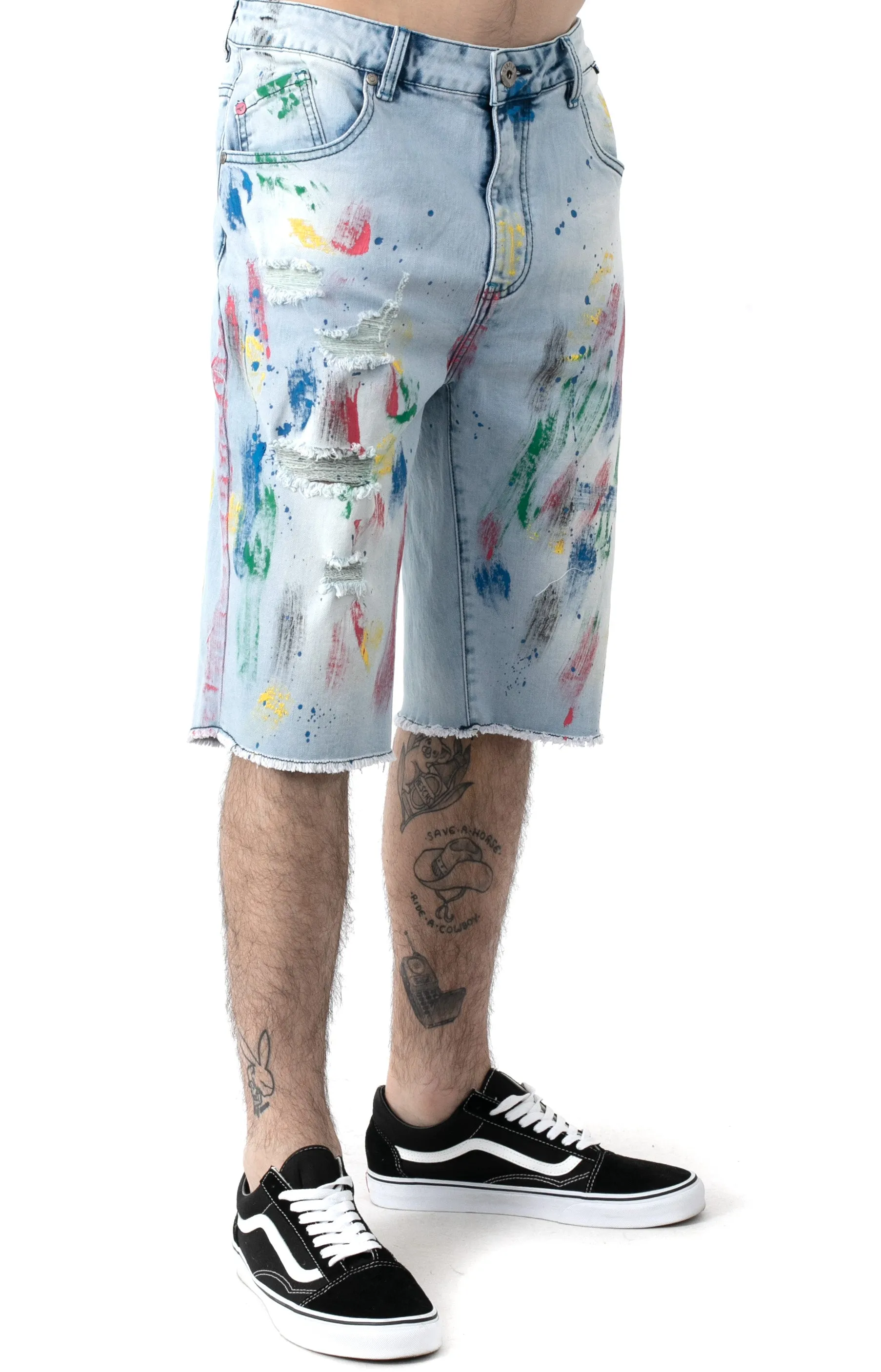 Splatter Denim Shorts - Light Stone Wash