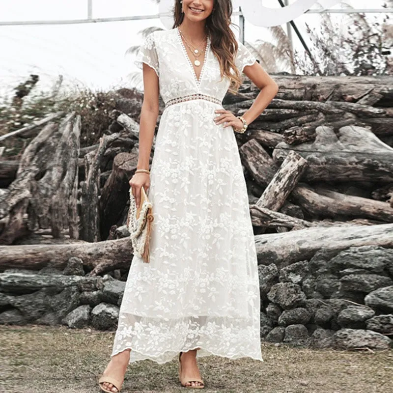 Summer Boho Women Maxi Dress Embroidery Short Sleeve Vocation Sexy White Lace Tunic Long Beach Dress