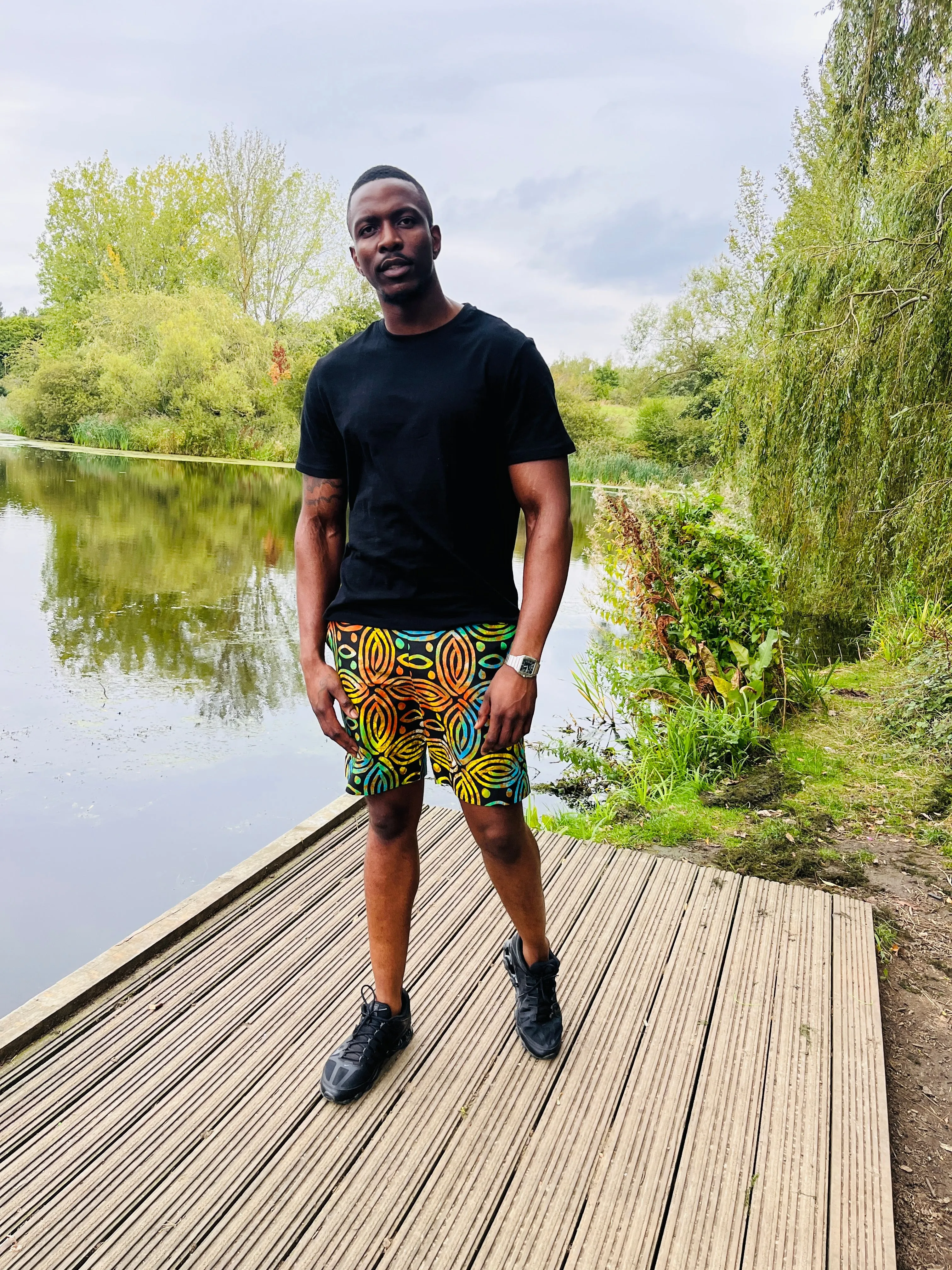 The Bassi Men Ankara African Print Shorts in Colour Pop & Black by Eldimaa Fashion