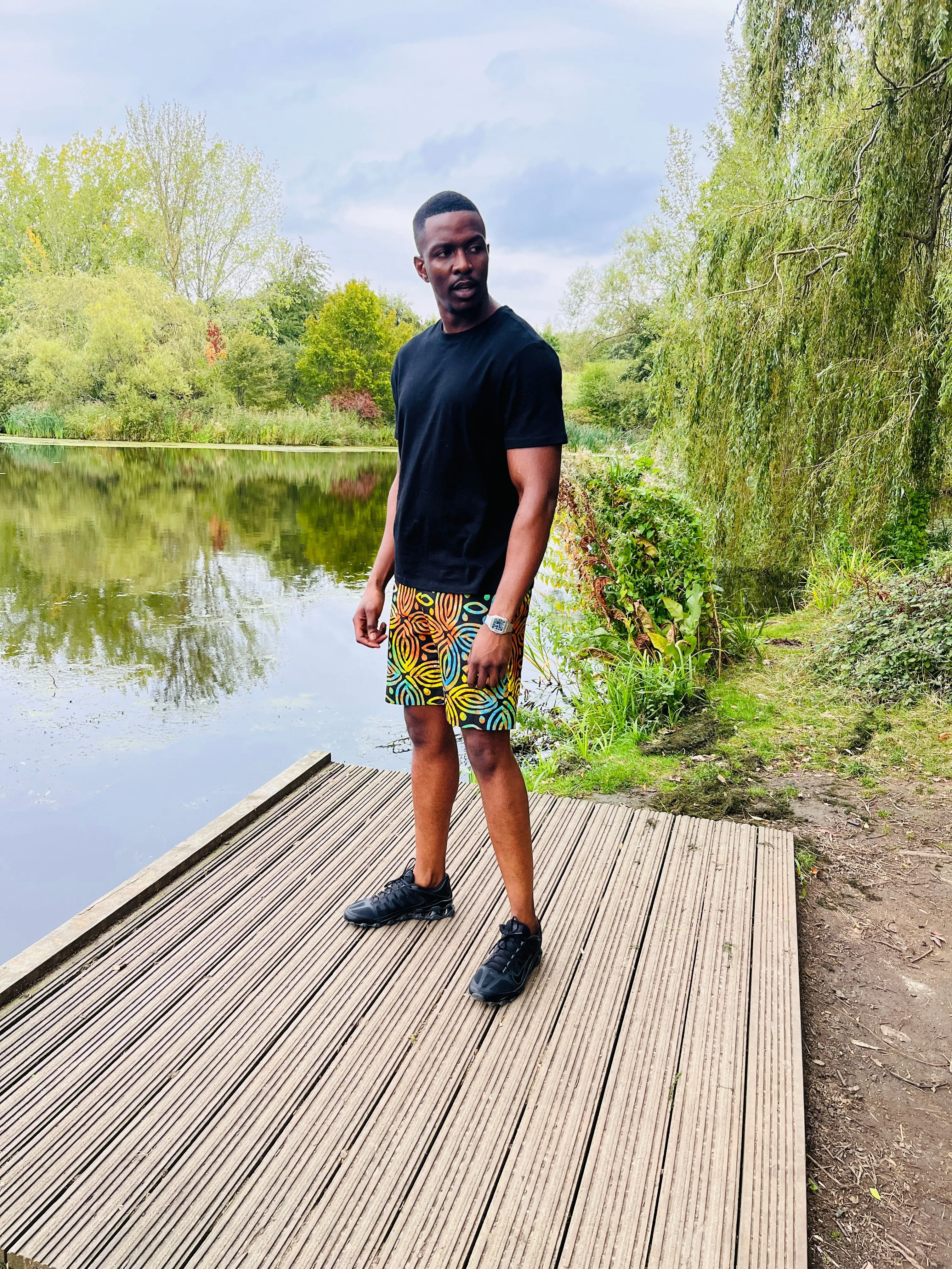 The Bassi Men Ankara African Print Shorts in Colour Pop & Black by Eldimaa Fashion