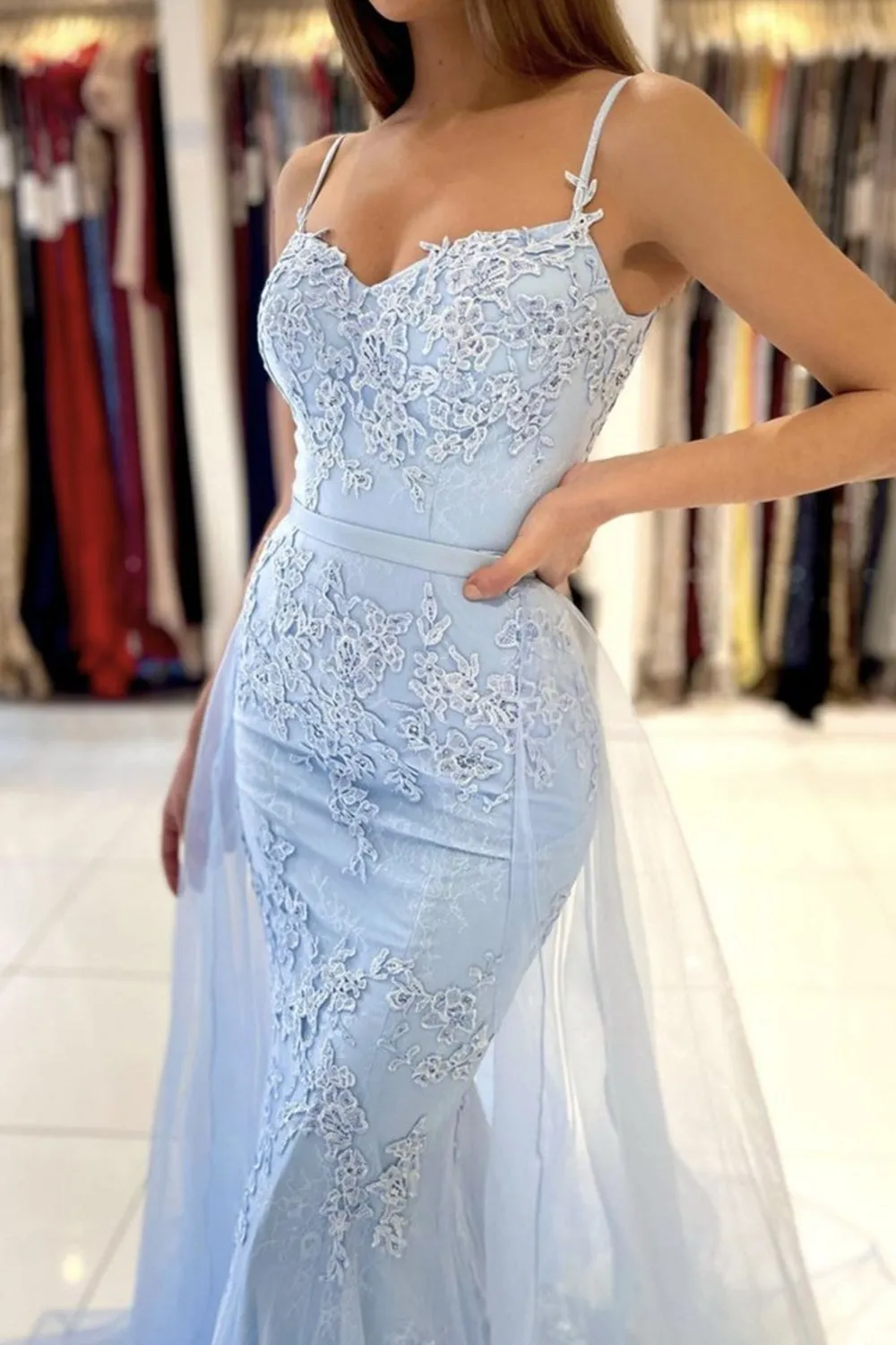 Thin Straps Mermaid Open Back Light Blue Lace Long Prom Dress, Mermaid Light Blue Formal Dress, Light Blue Lace Evening Dress