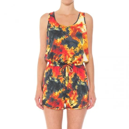 TIE DYE PRINT FRENCH TERRY KNIT DOLPHIN HEM SCOOP NECK SLEEVELESS ROMPER