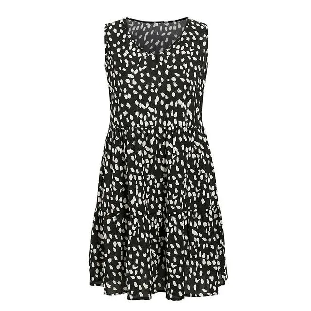 V-Neck Sleeveless Casual Dot Print Loose Leopard Dress