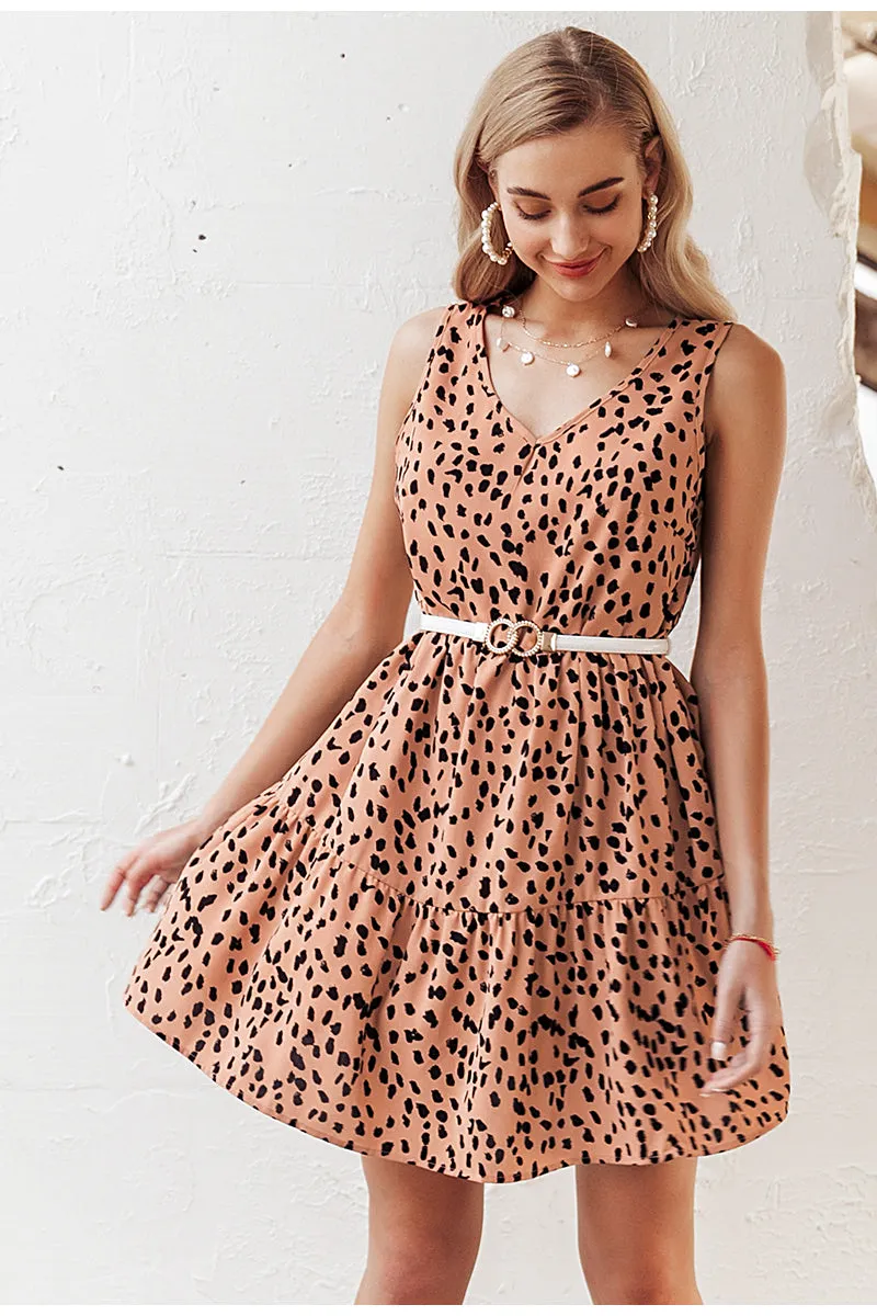 V-Neck Sleeveless Casual Dot Print Loose Leopard Dress