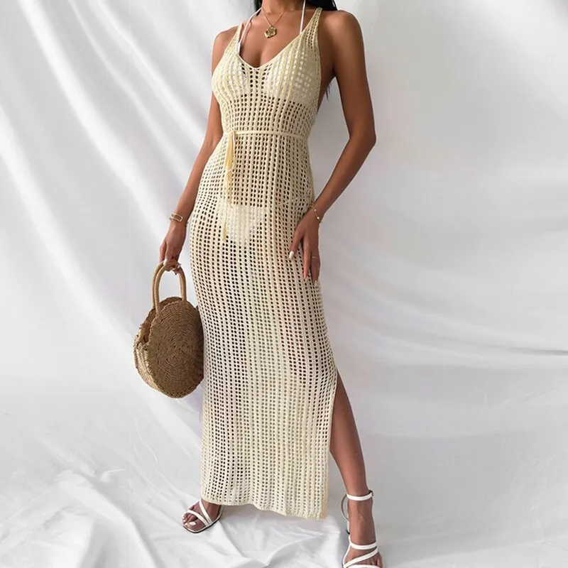 Wenkouban Maxi Dress Women Cut Out Sexy Beach Halter Backless Summer Long Dresses Female 2022 Party Elegant Knit Bodycon Vestidos