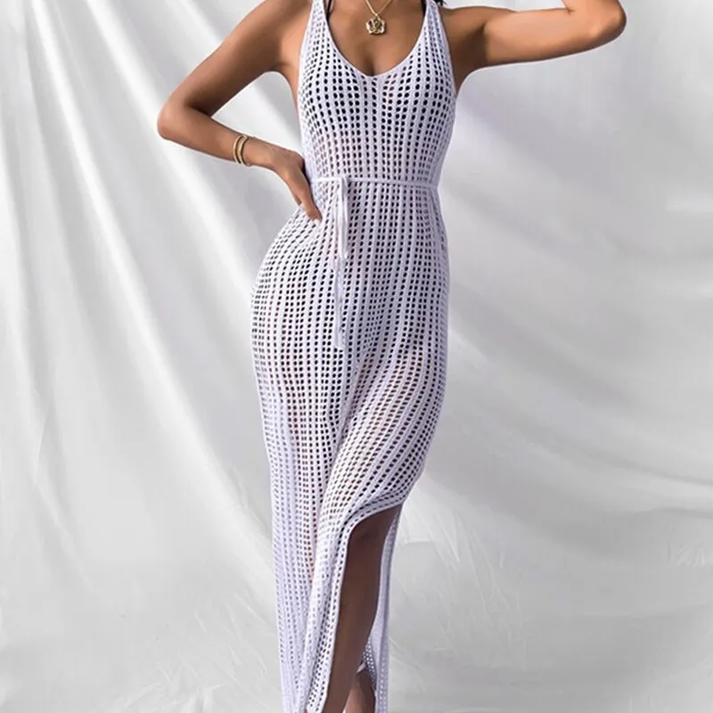 Wenkouban Maxi Dress Women Cut Out Sexy Beach Halter Backless Summer Long Dresses Female 2022 Party Elegant Knit Bodycon Vestidos