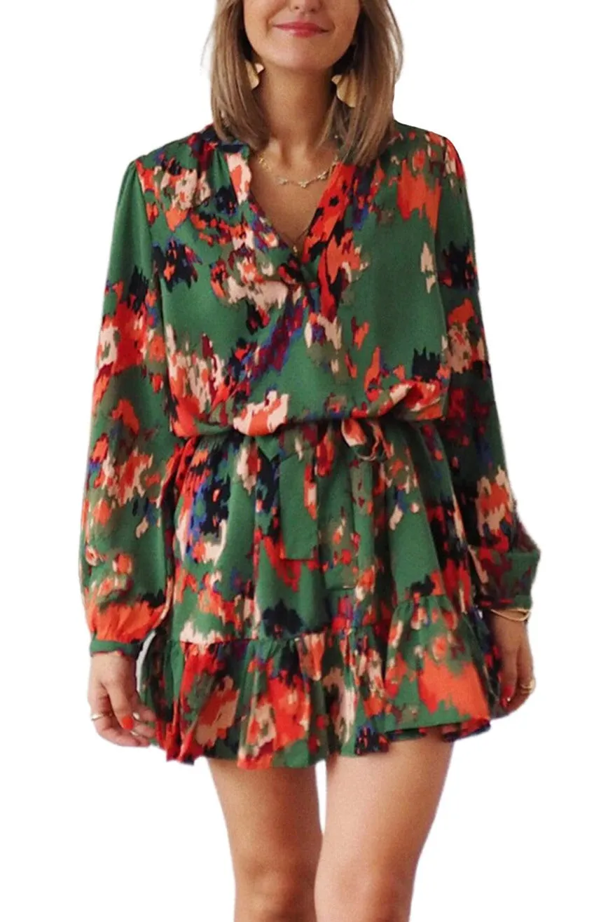 Women Casual Spring Summer Dresses Print Ruffled High Waist Mini Dress