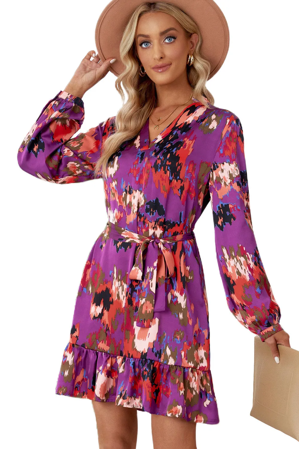 Women Casual Spring Summer Dresses Print Ruffled High Waist Mini Dress