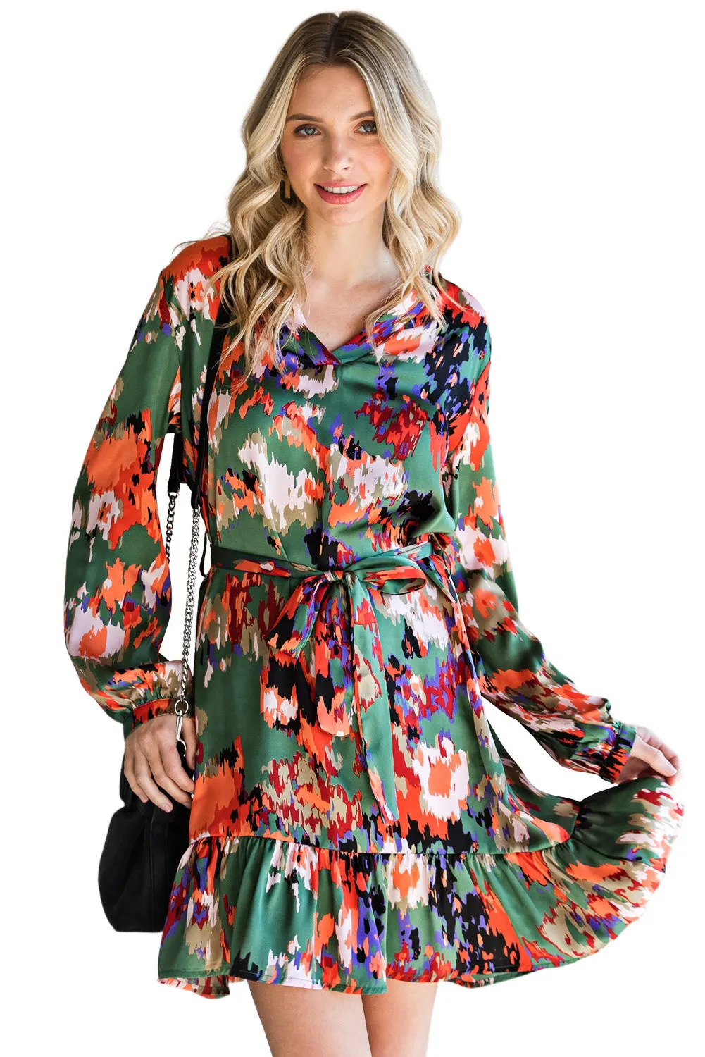 Women Casual Spring Summer Dresses Print Ruffled High Waist Mini Dress