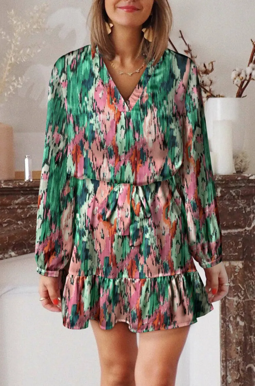 Women Casual Spring Summer Dresses Print Ruffled High Waist Mini Dress