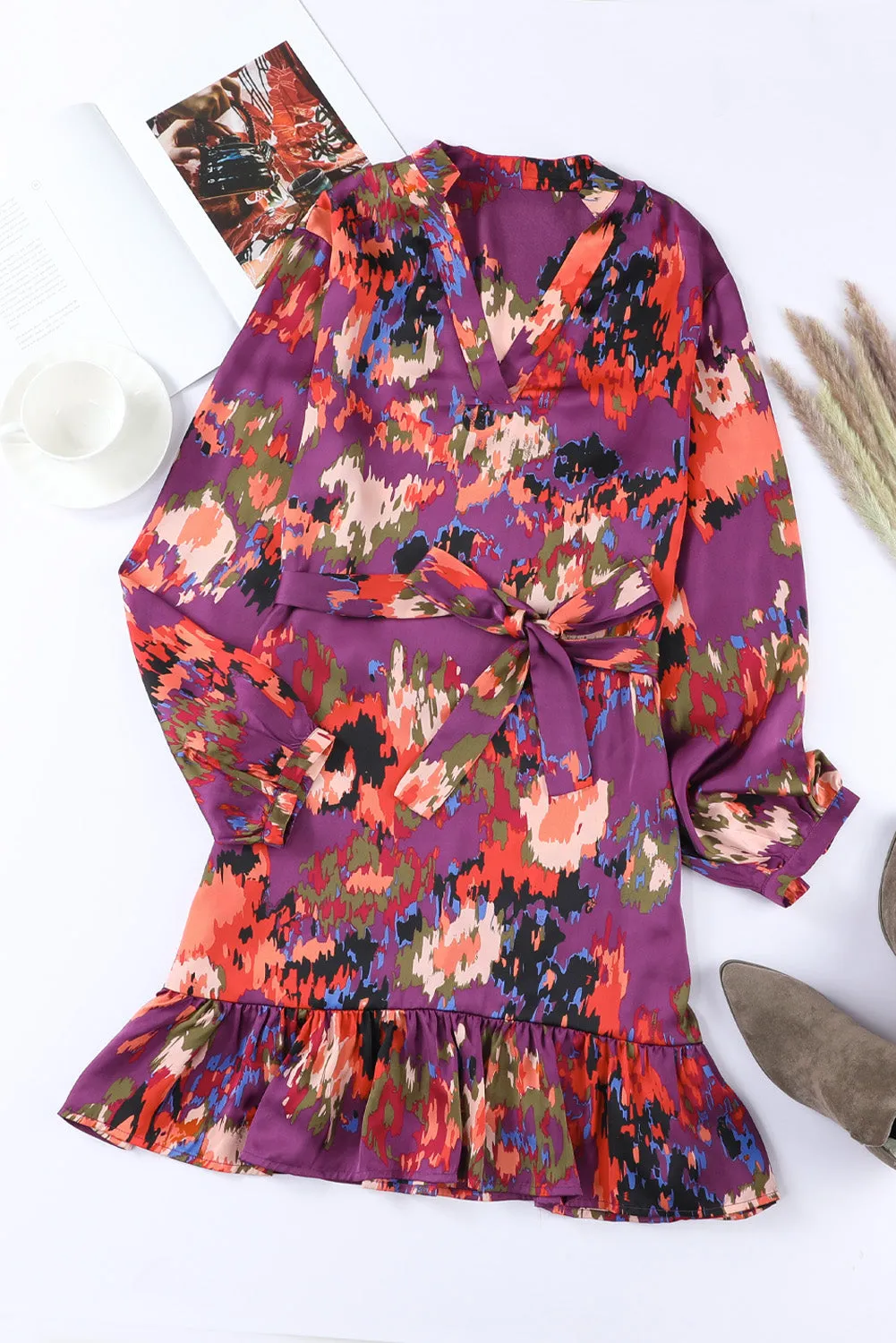 Women Casual Spring Summer Dresses Print Ruffled High Waist Mini Dress