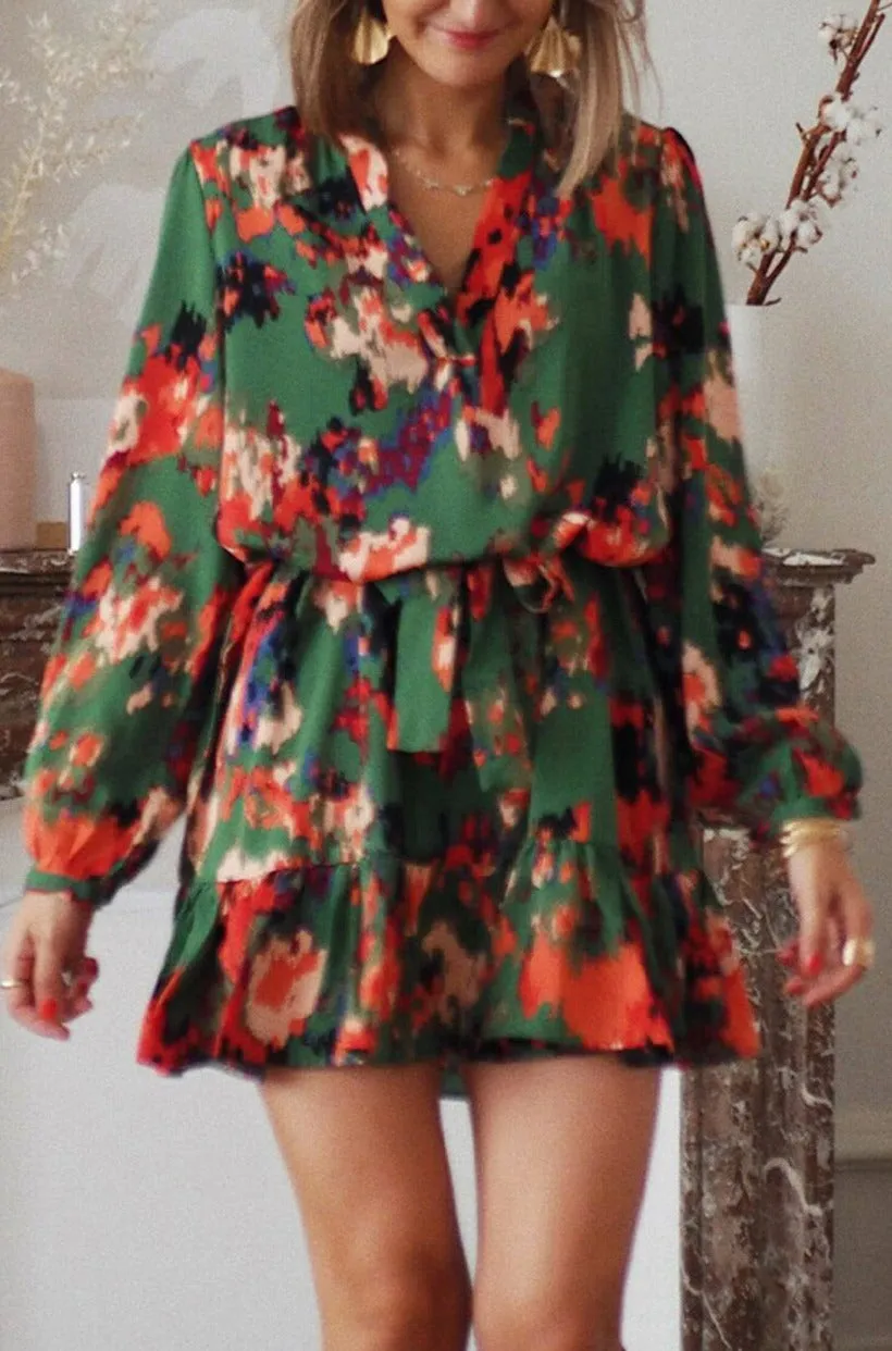 Women Casual Spring Summer Dresses Print Ruffled High Waist Mini Dress