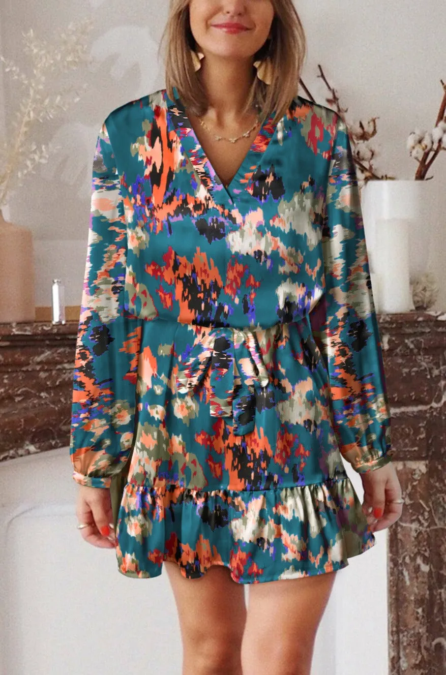 Women Casual Spring Summer Dresses Print Ruffled High Waist Mini Dress