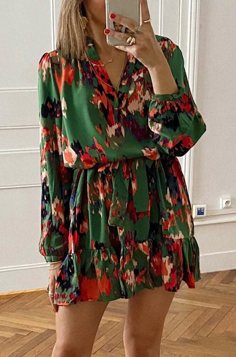 Women Casual Spring Summer Dresses Print Ruffled High Waist Mini Dress