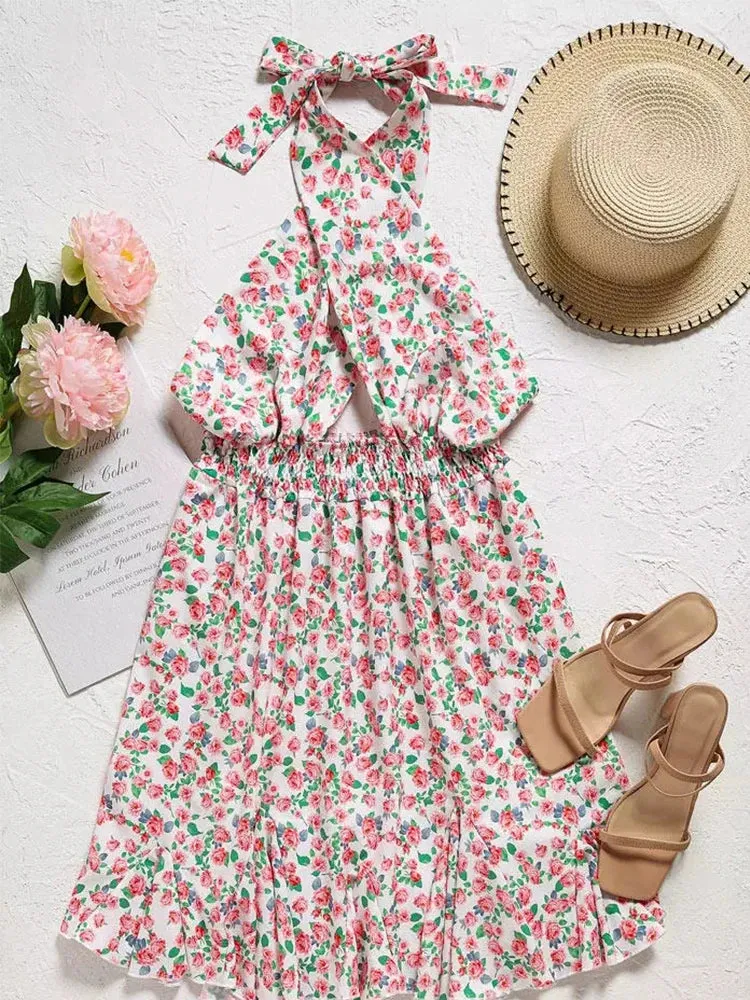 Women Floral Shirred Halter Mini Skater Dress. Sun Dress