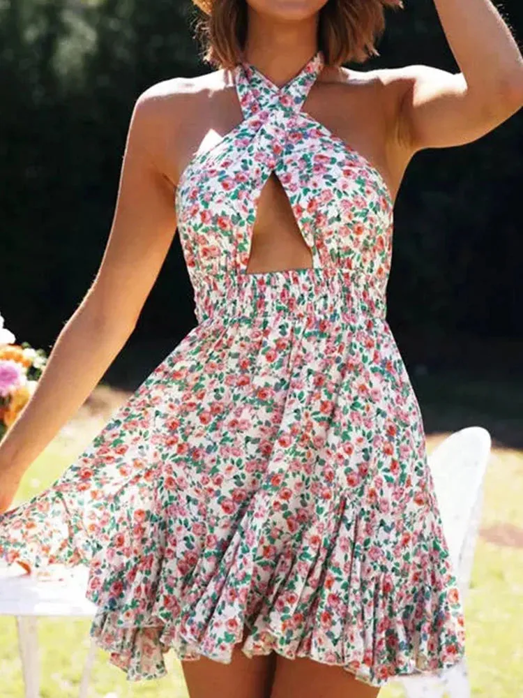 Women Floral Shirred Halter Mini Skater Dress. Sun Dress