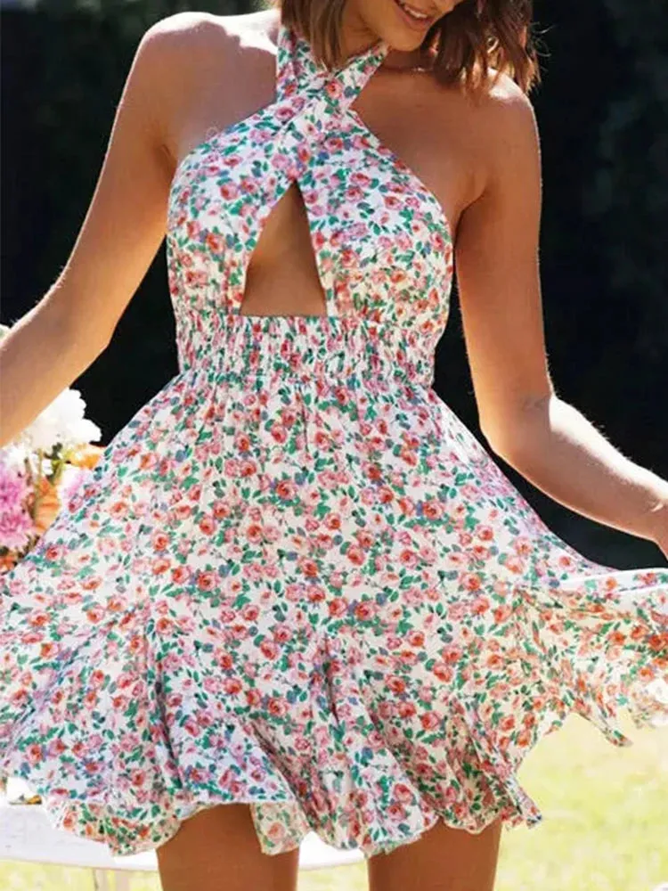 Women Floral Shirred Halter Mini Skater Dress. Sun Dress