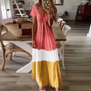 Women V Neck Boho Summer Tie-Dyed, Short Sleeve, Long Dress