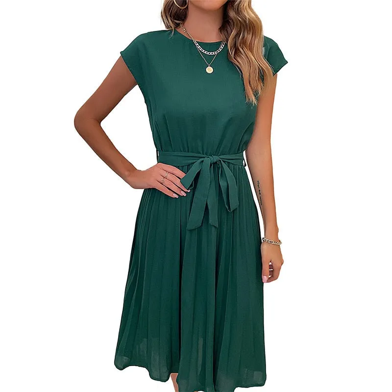 Women's Lace-up Solid Color Pleated Dress