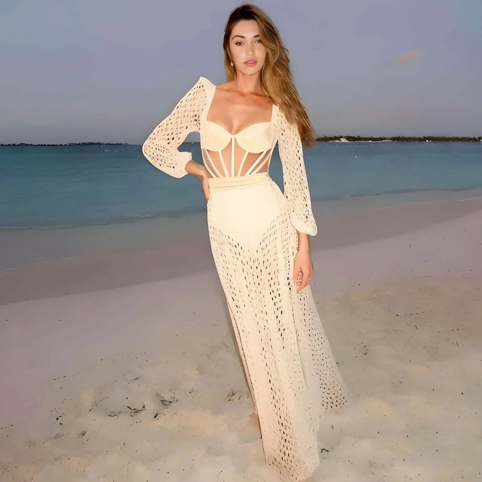 Women's Luxury Cutout Stretch Knit Long Sleeve Beach Dress